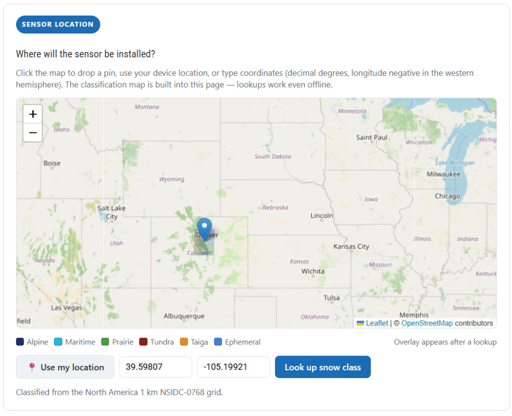 Snow Class Selector map interface showing color-coded snow classes and pin location
