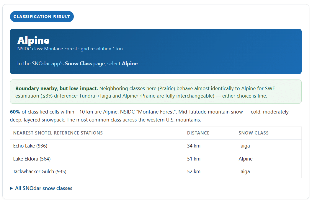 Snow Class Selector result showing an Alpine classification with nearby SNOTEL reference stations